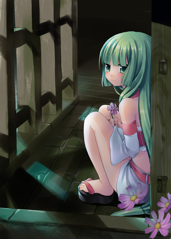 sazaki ichiri, original, flower, green eyes, green hair, sandals, solo, squatting