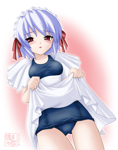 kotonomiya yuki, suigetsu, 1girl, apron, blue hair, blush, female focus, gradient background, maid, maid apron, maid headdress, one-piece swimsuit, open mouth, red eyes, school swimsuit, short hair, solo, swimsuit, swimsuit under clothes, thigh gap, thighs