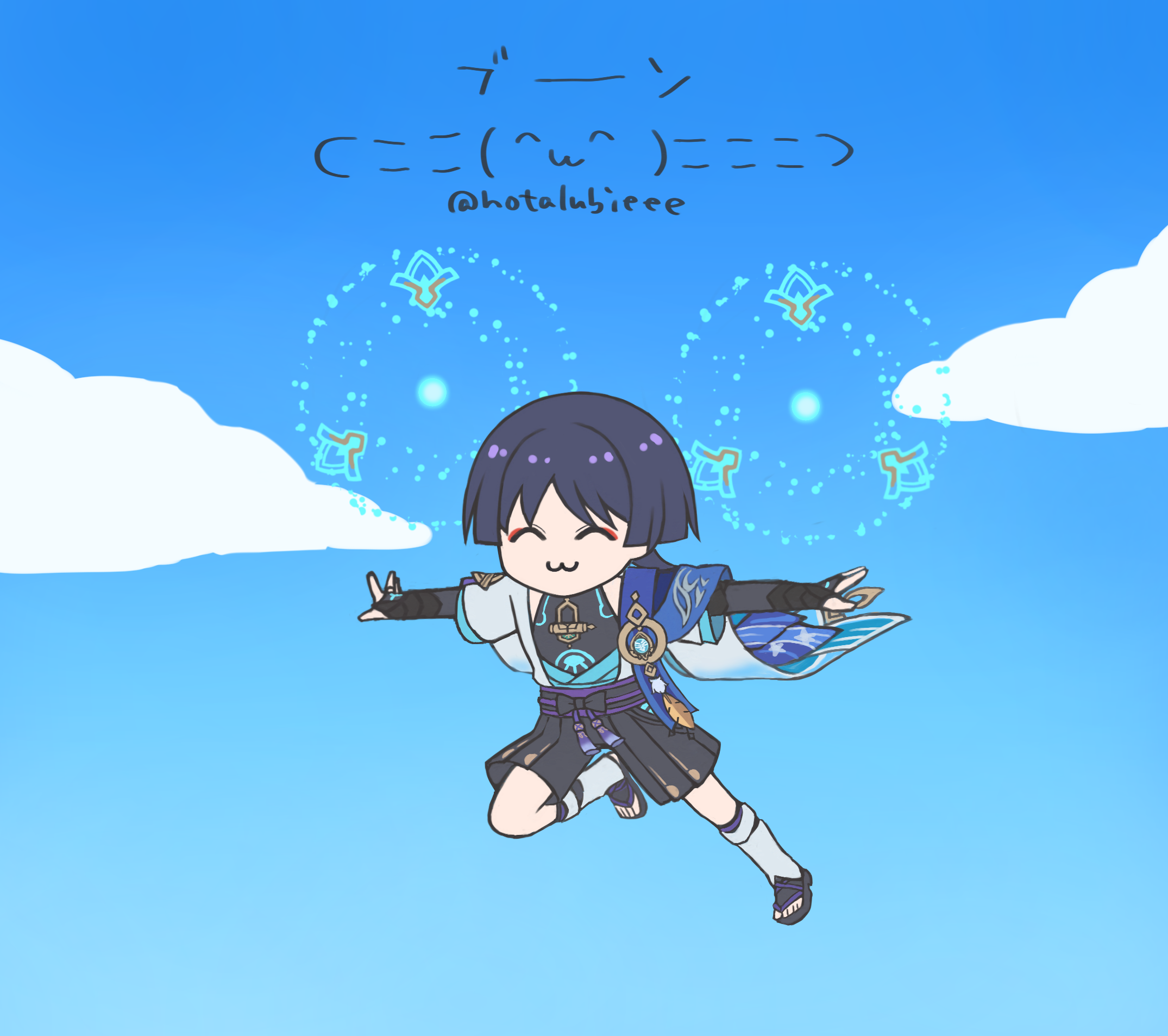 hotarubi (hotarubie), scaramouche (genshin impact), wanderer (genshin impact), genshin impact, highres, 1boy, ^3^, animal print, armor, belt, bird print, black belt, black bodysuit, black bow, black bridal gauntlets, black hair, black sandals, black shorts, blue cape, blue gemstone, blue kimono, blue sky, blue sleeves, blunt ends, bodysuit, bow, bridal gauntlets, bridal legwear, cape, closed eyes, closed mouth, cloud, cloudy sky, eyeliner, eyeshadow, facing viewer, feathers, flying, foot up, full body, furisode, gem, glowing markings, gold, gold ring, hakama, hakama shorts, japanese armor, japanese clothes, juban, kimono, kote, kurokote, layered sleeves, leg warmers, makeup, male focus, middle ring, open clothes, open kimono, outstretched arms, pleated shorts, pom pom (clothes), purple sash, red eyeliner, red eyeshadow, sandals, sash, short sleeves, shorts, shoulder peek, sky, solo, spread arms, stirrup legwear, tassel, toeless legwear, toes, vision (genshin impact), white kimono, white leg warmers, white sleeves, white trim, wispy bangs, yellow feathers, zouri