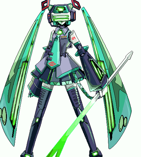 tomo (machinemess), fei-yen, hatsune miku, virtual on, vocaloid, bad id, bad pixiv id, lowres, md5 mismatch, 1girl, black thighhighs, female focus, long hair, mecha musume, mechanization, oekaki, simple background, solo, spring onion, thighhighs, very long hair, white background