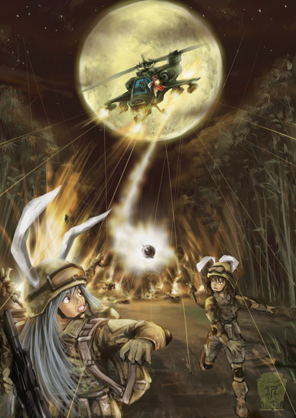 ni piao xiancai, hakurei reimu, inaba tewi, reisen udongein inaba, yakumo yukari, touhou, duplicate, 4girls, ah-64, ah-64 apache, aircraft, alternate costume, animal ears, assault rifle, attack helicopter, blonde hair, ears through headwear, female focus, firing, gun, gunship, helicopter, helicopter gunship, helmet, m16, m16a4, military, military vehicle, missile, multiple girls, parody, rabbit ears, rifle, soldier, war, weapon, what