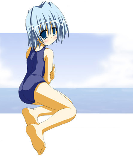 ayasaki hayate, hayate no gotoku!, 00s, 1boy, barefoot, blue eyes, blue hair, crossdressing, crossdressing (mtf), male focus, matching hair/eyes, one-piece swimsuit, school swimsuit, solo, swimsuit, trap