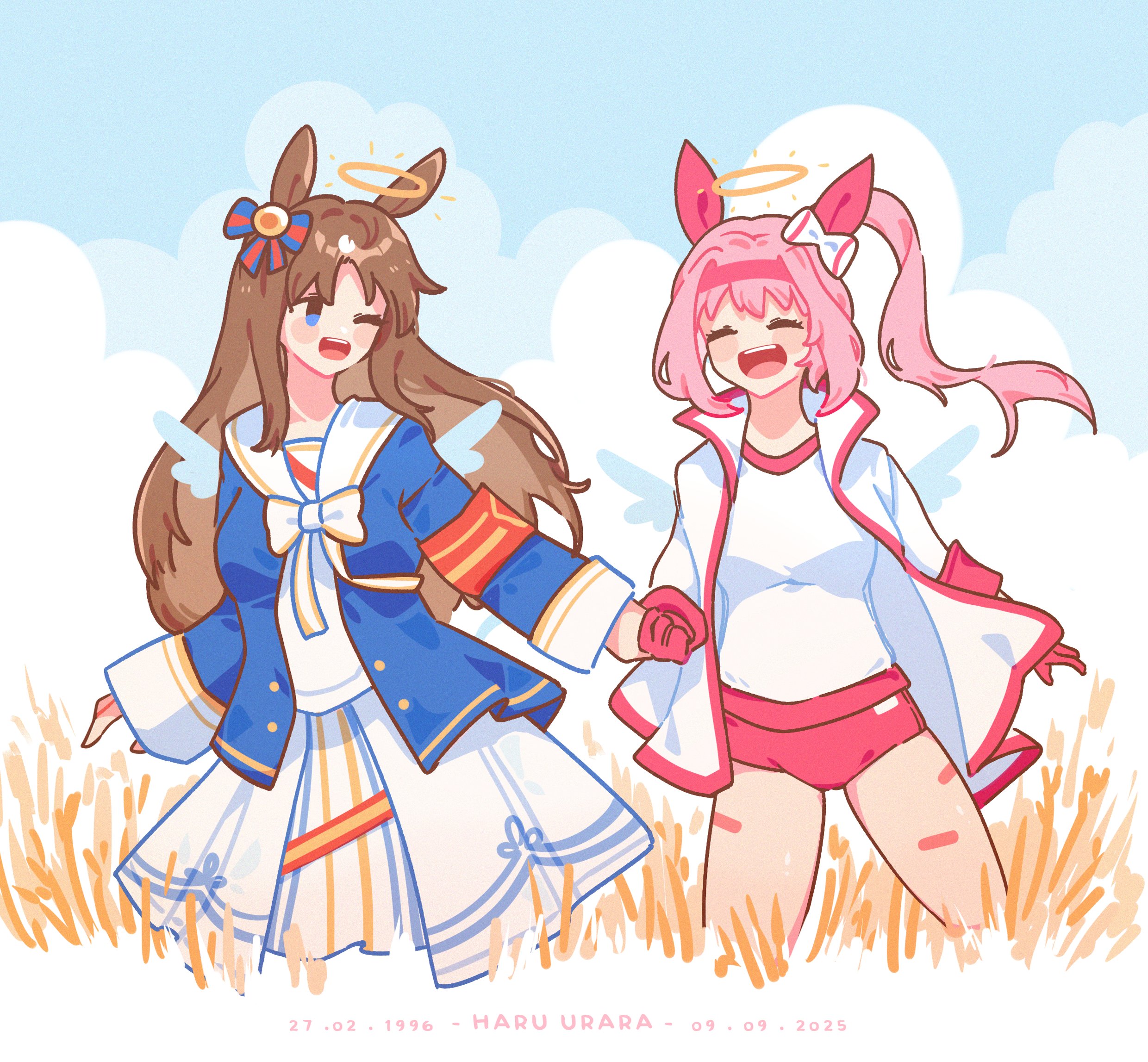 fenrishion, grass wonder (umamusume), haru urara (umamusume), umamusume, highres, 2girls, angel wings, animal ears, armband, bandaid, bandaid on leg, blue eyes, blue jacket, blue sky, blush, bow, brown hair, buruma, cloud, dress, ear bow, ear covers, ear ornament, ear ribbon, gloves, grass wonder (stone-piercing blue) (umamusume), hairband, halo, haru urara (bestest prize) (umamusume), headband, holding hands, horse ears, horse girl, horse tail, jacket, long hair, long sleeves, multicolored hair, multiple girls, one eye closed, open mouth, outdoors, pink buruma, pink hair, pink headband, ponytail, red armband, red buruma, red gloves, red headband, sailor collar, shirt, sky, smile, tail, teeth, upper teeth only, wheat, wheat field, white bow, white dress, white hair, white jacket, white sailor collar, white shirt, wings