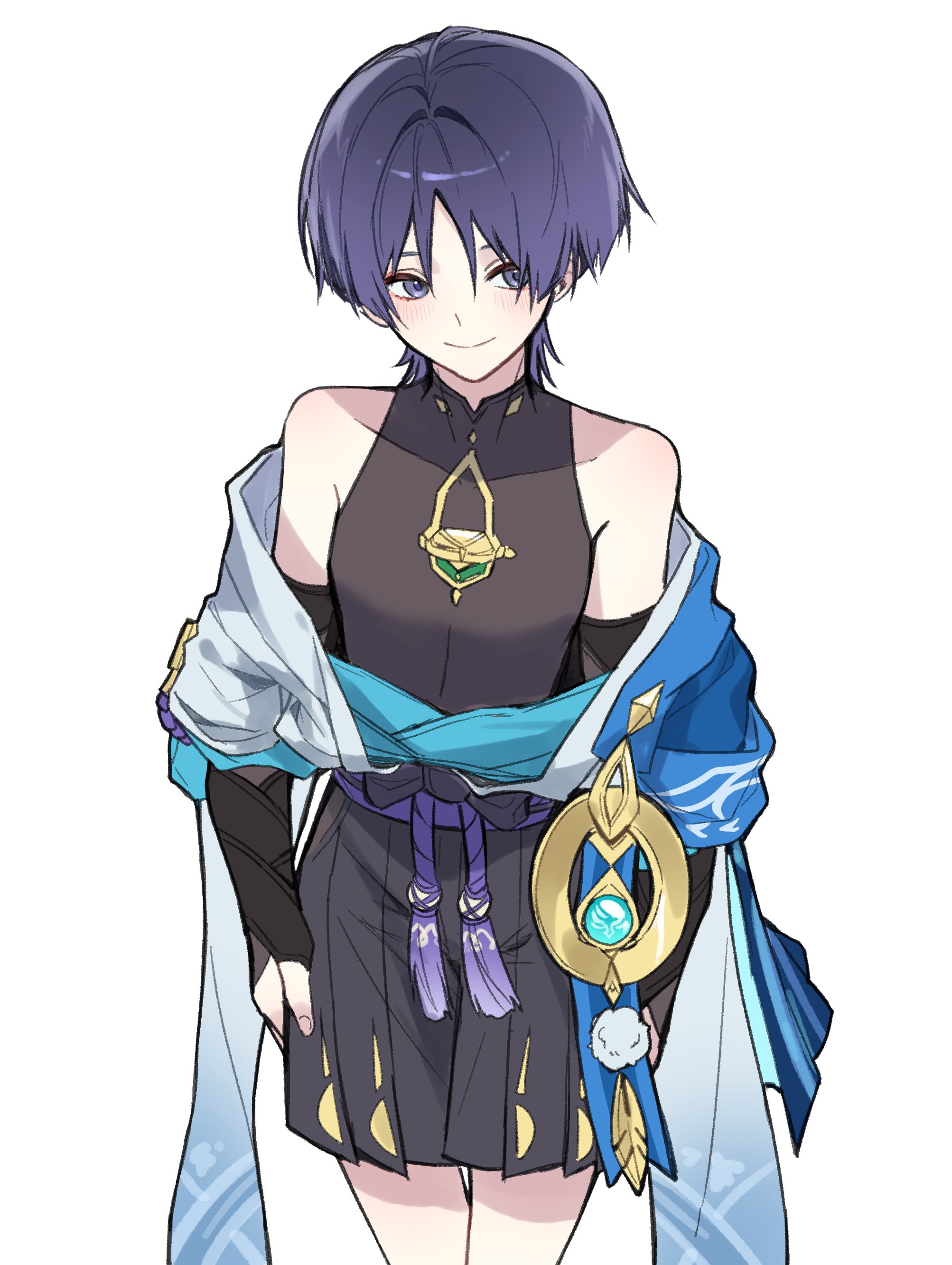 chypuragy, scaramouche (genshin impact), wanderer (genshin impact), genshin impact, absurdres, highres, 1boy, anemo symbol (genshin impact), aqua gemstone, armor, arms at sides, bare shoulders, black bodysuit, black bow, black bridal gauntlets, black shorts, blue cape, blue kimono, blue sleeves, blunt ends, bodysuit, bow, bridal gauntlets, cape, closed mouth, covered collarbone, cowboy shot, eyeliner, eyeshadow, feathers, fingernails, furisode, gem, gold, hair intakes, hakama, hakama shorts, japanese armor, japanese clothes, juban, kimono, kote, kurokote, layered sleeves, light blush, looking to the side, makeup, male focus, mandarin collar, off shoulder, open clothes, open kimono, pleated shorts, pom pom (clothes), purple eyes, purple hair, purple rope, purple sash, red eyeliner, red eyeshadow, rope, sash, short sleeves, shorts, smile, solo, split mouth, white kimono, white sleeves, white trim, wispy bangs, yellow feathers