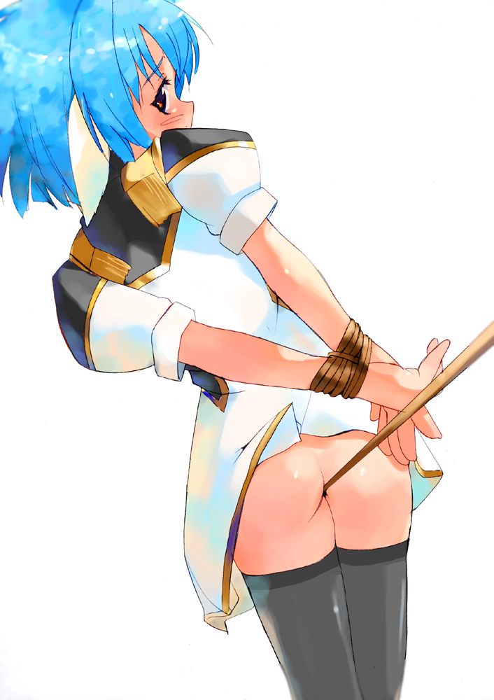 mint blancmanche, broccoli (company), galaxy angel, 00s, 1girl, animal ears, arms behind back, bdsm, blue hair, blush, bondage, bottomless, bound, female focus, rope, solo, thighhighs