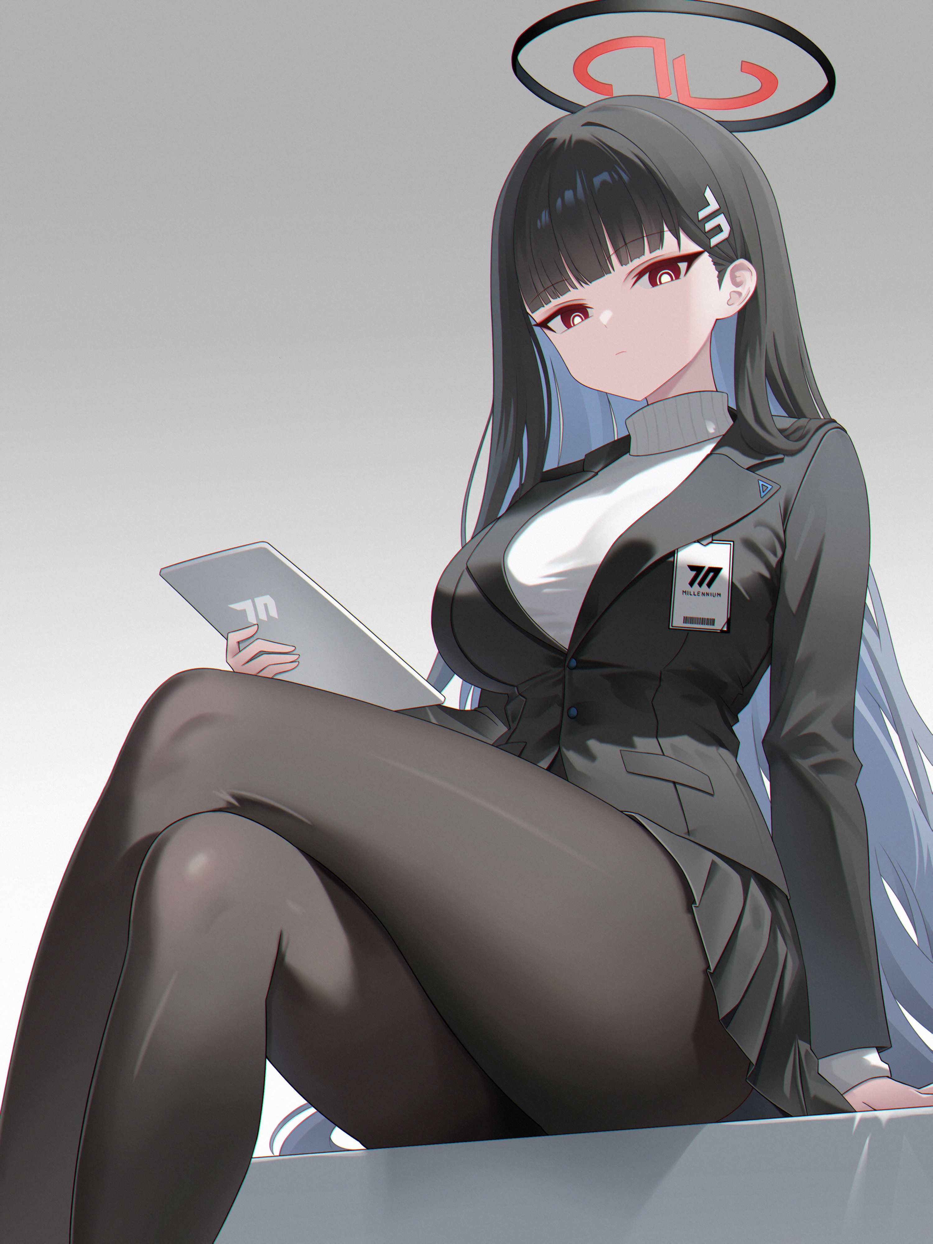 rim (rimmon2438), rio (blue archive), blue archive, absurdres, commentary, highres, 1girl, arm at side, black hair, black halo, black pantyhose, black skirt, black suit, blunt bangs, breasts, bright pupils, closed mouth, crossed legs, curvy, expressionless, feet out of frame, film grain, formal clothes, from below, grey background, hair behind ear, hair ornament, hair over shoulder, hairpin, halo, hand up, holding, holding tablet pc, id card, large breasts, long hair, long sleeves, looking at viewer, millennium science school logo, miniskirt, pantyhose, pleated skirt, red eyes, simple background, sitting, skirt, solo, straight hair, suit, sweater, tablet pc, thighs, tsurime, turtleneck, turtleneck sweater, very long hair, white pupils, white sweater