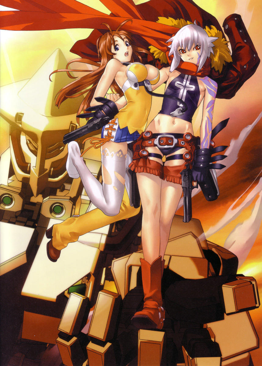 hakua ugetsu, jango, jango (bakuretsu tenshi), jo (bakuretsu tenshi), meg (bakuretsu tenshi), bakuretsu tenshi, highres, 00s, 2girls, boots, breasts, cleavage, cocked hammer, desert eagle, dual wielding, fringe trim, gun, handgun, hands on own hips, holding, holster, large breasts, mecha, midriff, multiple girls, pistol, robot, semi-automatic pistol, small breasts, weapon