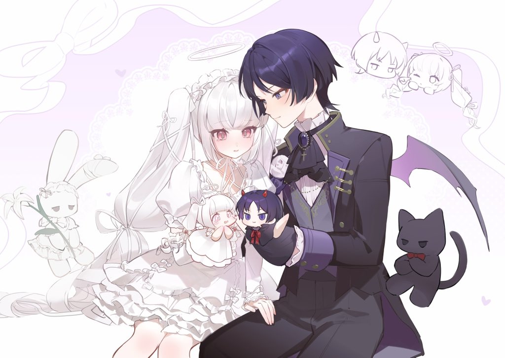 scaramouche (genshin impact), genshin impact, original, artist request, commission, second-party source, 1boy, 1girl, alternate costume, ascot, black ascot, black cat, black jacket, black pants, blunt bangs, blunt ends, cat, closed mouth, collar, commissioner insert, contemporary, couple, criss-cross halter, demon wings, detached sleeves, disembodied head, dress, dress pants, eyelashes, eyeliner, eyeshadow, formal clothes, frilled collar, frilled dress, frilled sleeves, frills, gold trim, grey vest, hair ribbon, halo, halterneck, hand on own hip, hand puppet, hayami momo (hayamimomo), hetero, jacket, lapels, long hair, looking at another, makeup, neck ribbon, oc x canon, open clothes, open jacket, open mouth, pants, pink eyes, puffy sleeves, puppet, purple brooch, purple eyes, purple hair, purple jacket, purple wings, rabbit, red eyeliner, red eyeshadow, ribbon, short sleeves, sidelocks, suit jacket, tearing up, tsurime, twintails, two-sided fabric, two-sided jacket, very long hair, vest, white collar, white dress, white hair, white halo, white rabbit (animal), white ribbon, white sleeves, wings