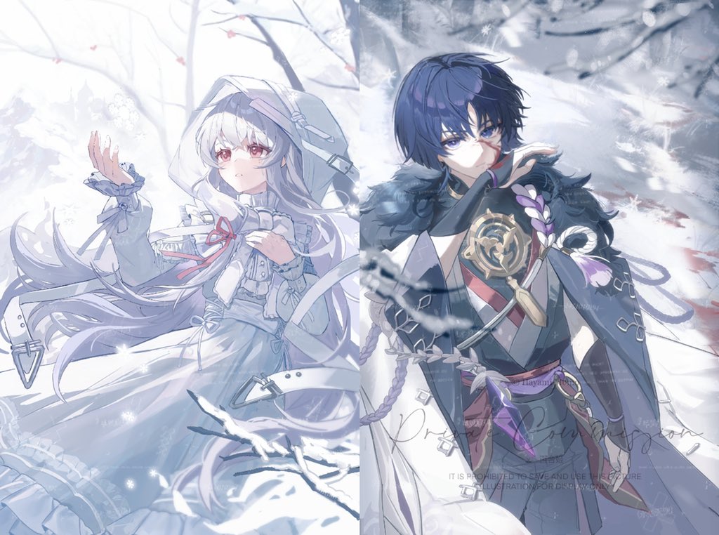 scaramouche (genshin impact), genshin impact, original, artist request, commission, second-party source, 1boy, 1girl, aiguillette, arm at side, armor, bare tree, belt, black bodysuit, black kimono, black shorts, blood, blood on ground, blunt ends, bodysuit, bow, bowtie, bright pupils, buckle, closed mouth, coat, colored eyelashes, commissioner insert, couple, cross-laced clothes, cross-laced dress, crossed bangs, dress, fatui coat, fingernails, frilled dress, frilled sleeves, frills, fur coat, gold, hair between eyes, hair intakes, hand on own chest, hand up, hayami momo (hayamimomo), hetero, hood, hood up, japanese armor, japanese clothes, jewelry, juban, kimono, kote, kurokote, lapels, large bow, long hair, long sleeves, looking at viewer, looking up, mitsudomoe (shape), neck ring, o-ring, oc x canon, open clothes, open coat, open hand, outdoors, parted lips, pink eyes, purple eyes, purple hair, purple rope, purple sash, red kimono, red sash, rope, sash, shimenawa, shorts, snow, snowing, tassel, tomoe (symbol), tree, very long hair, watermark, white belt, white bow, white bowtie, white coat, white dress, white hair, white hood, white kimono, white mouth, white pupils, white rope, white sleeve cuffs, white sleeves, winter clothes, winter coat, wispy bangs