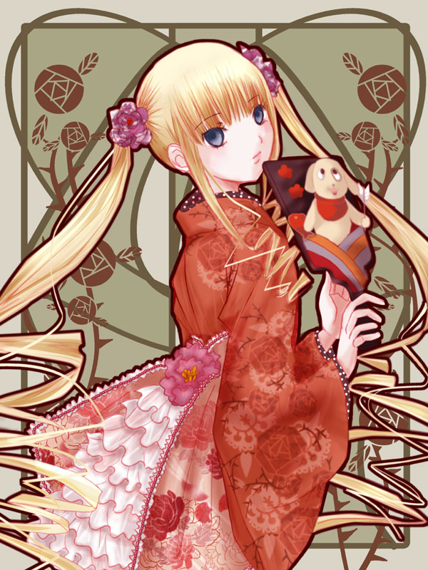 kunkun, shinku, rozen maiden, 00s, 1girl, art nouveau, blonde hair, blue eyes, drill hair, female focus, flower, frills, gathers, hagoita, hair flower, hair ornament, japanese clothes, kimono, lolita fashion, long hair, looking back, paddle, solo, twin drills, twintails, very long hair, wa lolita