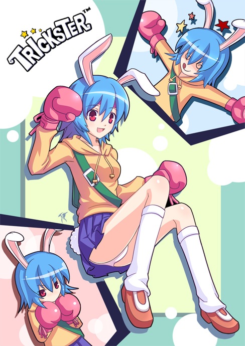bunny (trickster), trickster (ntreev soft), 10s, :p, @ @, animal ears, backpack, bag, blue hair, boxing gloves, hood, hoodie, kneehighs, panties, pantyshot, rabbit ears, rabbit tail, randoseru, red eyes, short hair, skirt, socks, tail, tongue, tongue out, underwear, upskirt, white panties