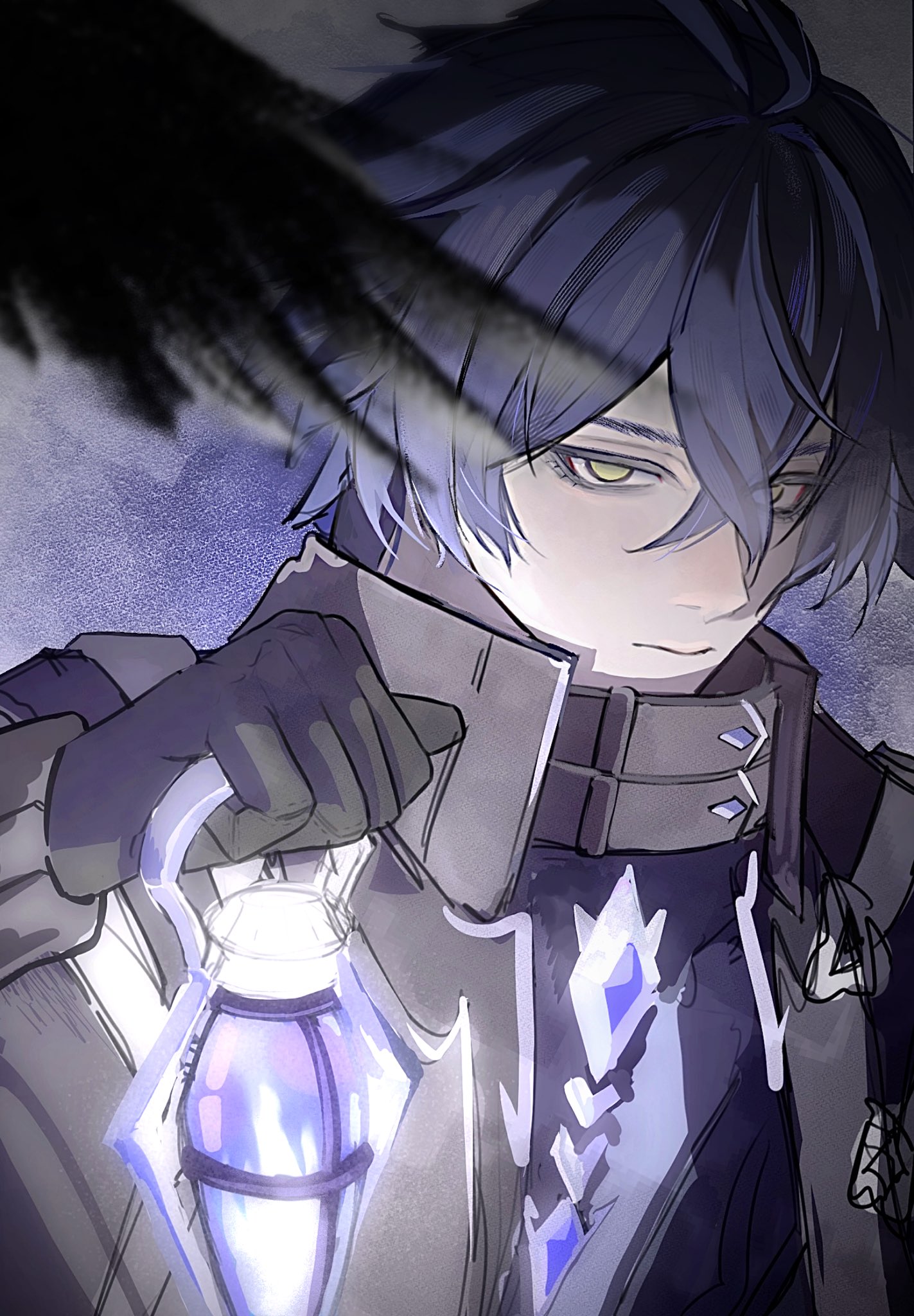 flins (genshin impact), genshin impact, commentary request, highres, 10chan, 1boy, ahoge, antenna hair, bags under eyes, black coat, black gloves, blue hair, blurry, closed mouth, coat, collared coat, curly hair, depth of field, gloves, glowing, hair between eyes, head tilt, high collar, holding, holding lantern, huge ahoge, lantern, long hair, long sleeves, no pupils, shade, solo, standing, upper body, yellow eyes