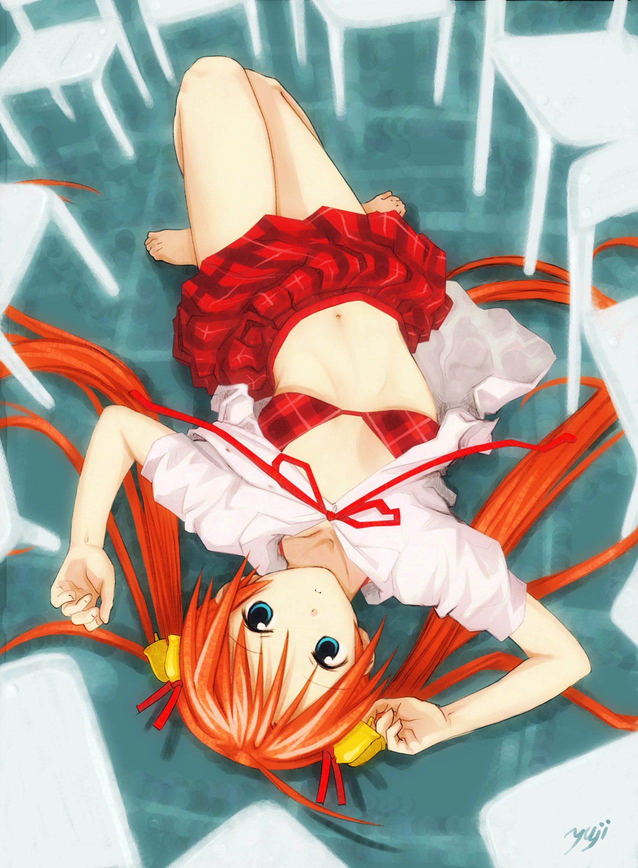 kobayashi yuji, kagurazaka asuna, mahou sensei negima!, highres, 00s, 1girl, aqua eyes, barefoot, bell, bra, chair, female focus, hair bell, hair ornament, lingerie, long hair, looking at viewer, lying, navel, on back, open clothes, open shirt, orange hair, plaid clothes, plaid skirt, school, shirt, signature, skirt, solo, toes, twintails, underwear, upside-down, very long hair