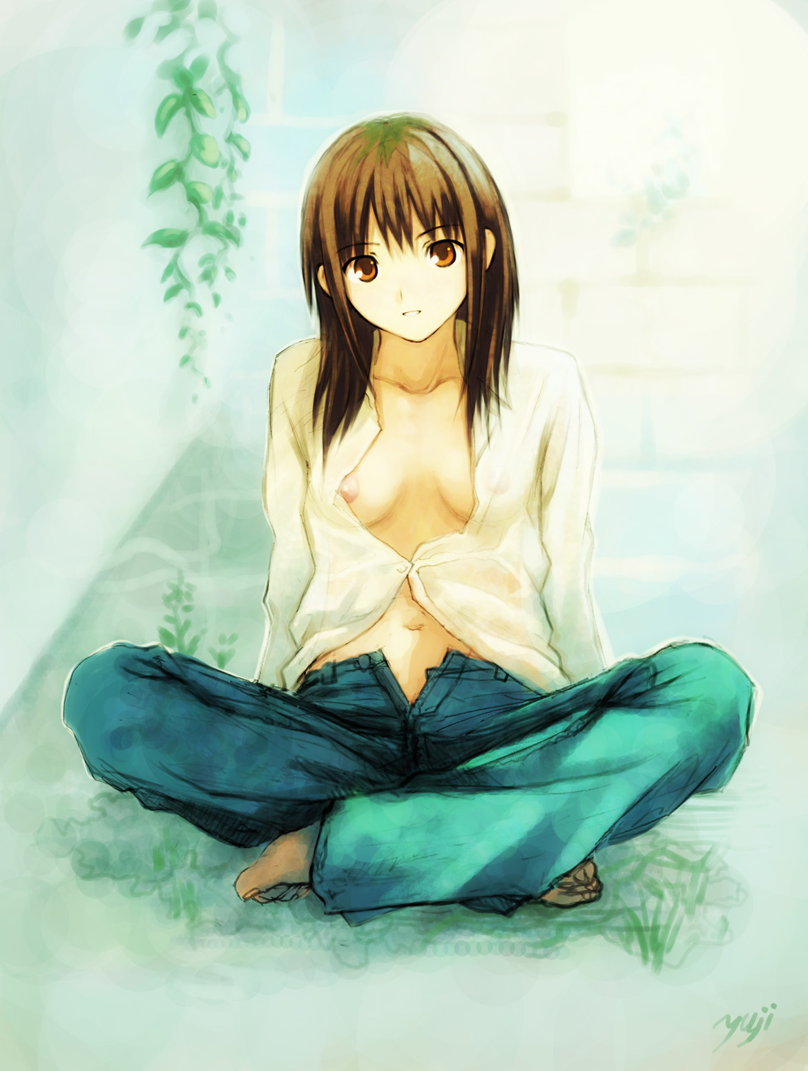 kobayashi yuji, original, highres, 1girl, barefoot, breasts, brown eyes, brown hair, cleavage, denim, feet, female focus, grass, jeans, nipple slip, nipples, no bra, open clothes, open fly, open shirt, outdoors, pants, puffy nipples, shirt, sitting, smile, solo, toes, unzipped
