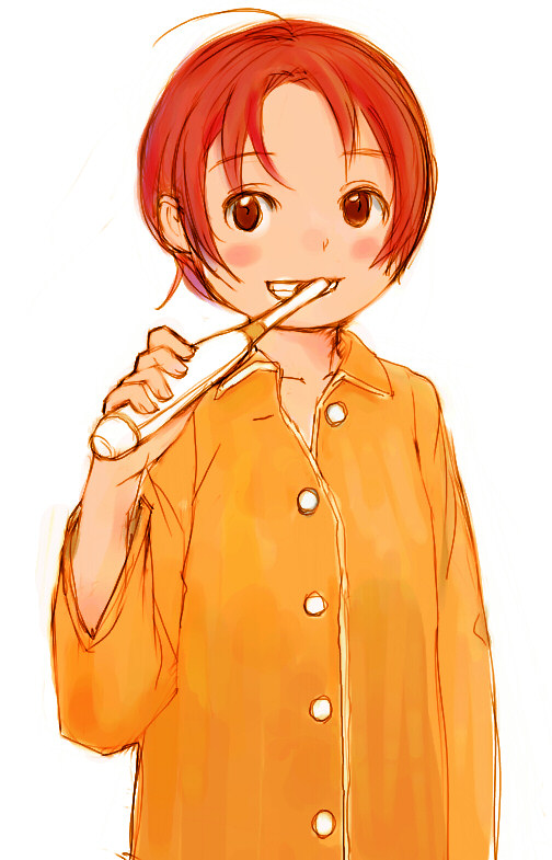 zakka, ichigo mashimaro, original, brushing teeth, pajamas, red hair, sketch, solo, toothbrush
