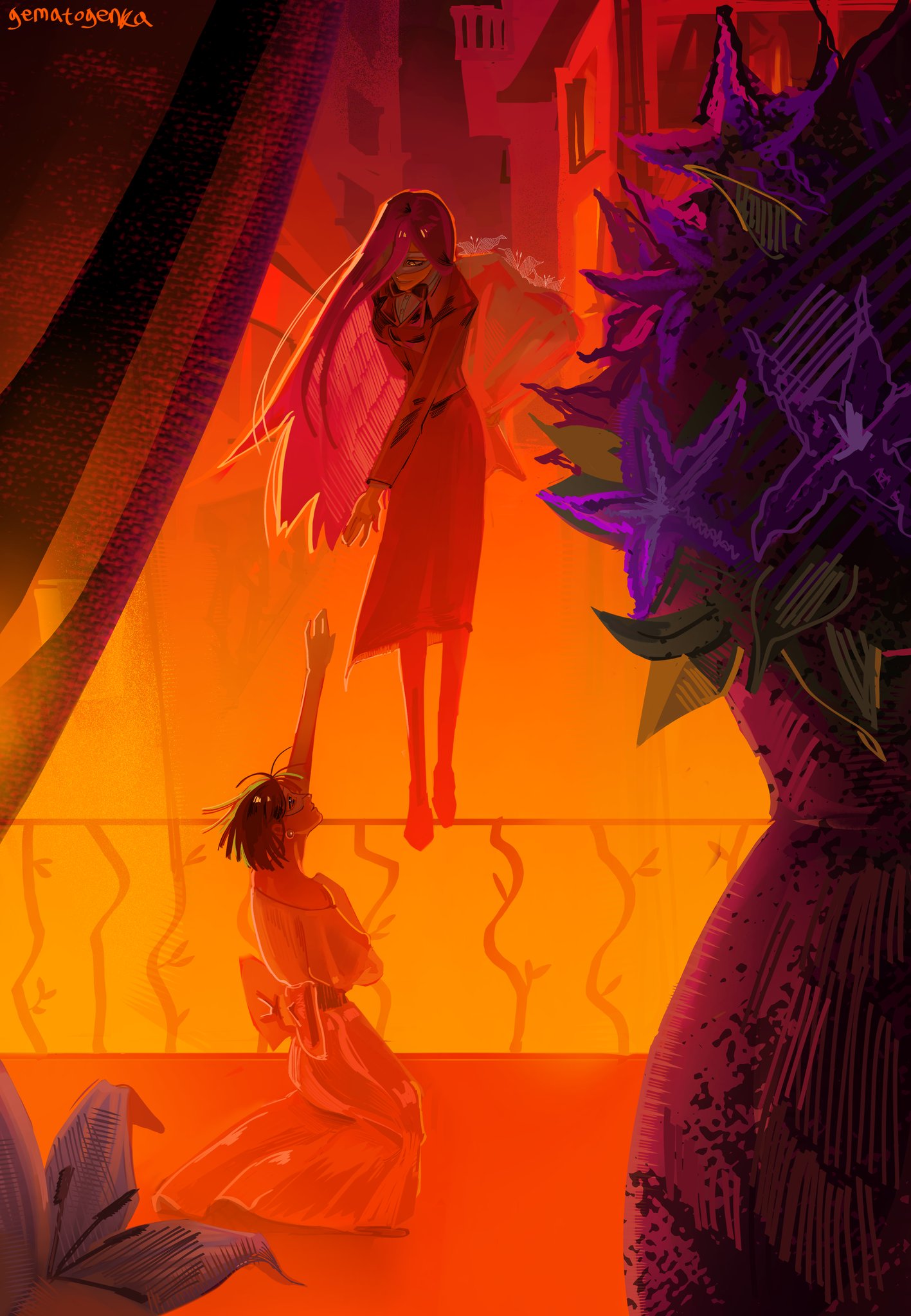 mizi (alien stage), sua (alien stage), alien stage, commentary, hashtag-only commentary, highres, 2girls, black bow, black bowtie, black jacket, black skirt, bow, bowtie, clematis (flower), dress, eye mask, flower, gematogenka, jacket, long hair, mask, multiple girls, orange theme, pink hair, purple flower, reaching, reaching towards another, signature, skirt, very long hair