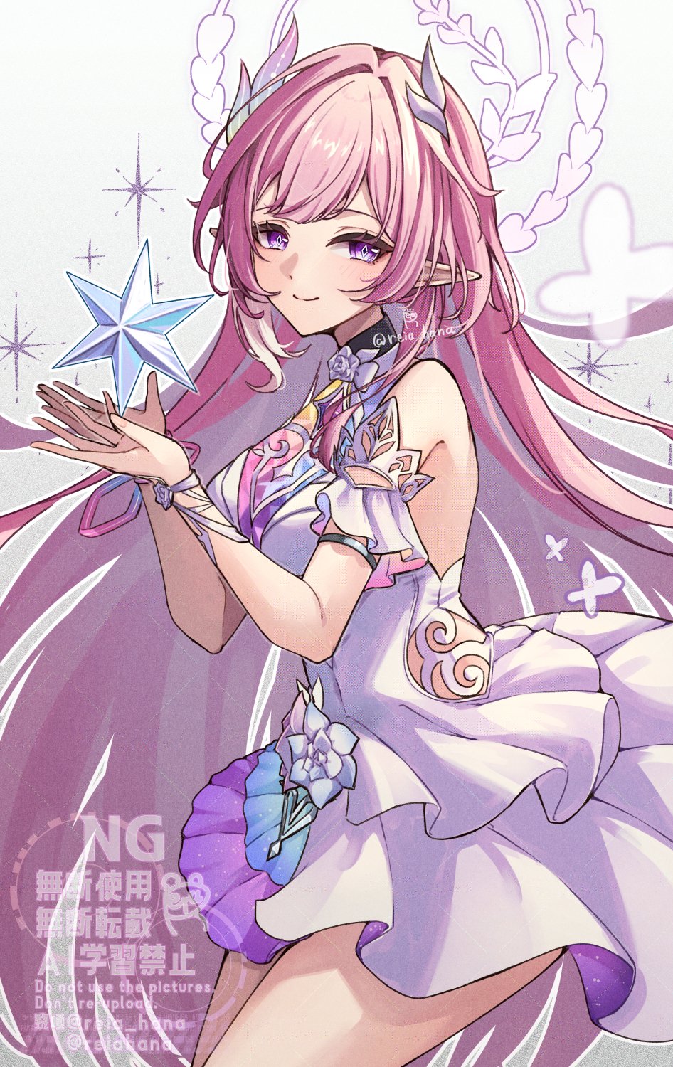 reia hana, cyrene (honkai: star rail), honkai: star rail, honkai (series), commentary request, highres, 1girl, breasts, crystal flower, cyrene (ripples of past reverie) (honkai: star rail), diamond-shaped pupils, diamond (shape), dress, hair ornament, halo, large breasts, long hair, looking at viewer, pink hair, pointy ears, purple eyes, simple background, smile, solo, symbol-shaped pupils, thighs, twitter username, very long hair, white dress