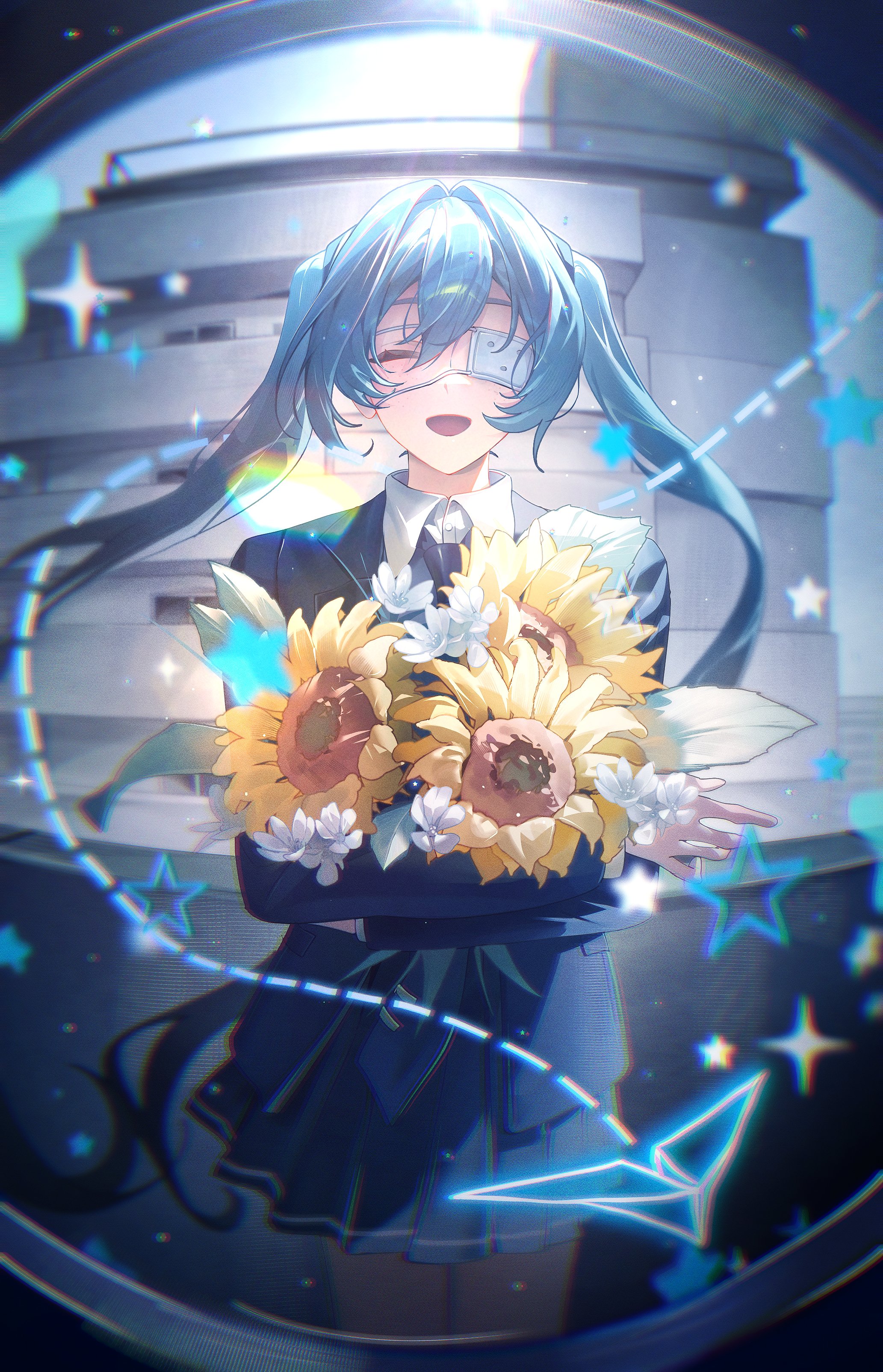 bab du 666, hatsune miku, monitoring (vocaloid), absurdres, highres, 1girl, blue hair, blue necktie, blue skirt, blue suit, bouquet, building, closed eyes, eyepatch, flower, formal clothes, holding, holding bouquet, long hair, necktie, open mouth, paper airplane, shirt, skirt, smile, solo, sparkle, standing, star (symbol), suit, sunflower, white flower, white shirt