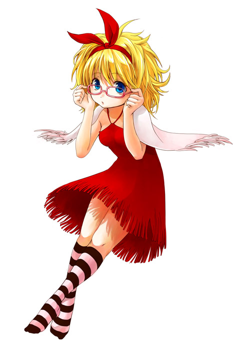 irieria, 1girl, adjusting eyewear, blonde hair, blue eyes, dress, female focus, fringe trim, full body, glasses, hairband, halterneck, kneehighs, looking at viewer, red-framed eyewear, red dress, scarf, simple background, socks, solo, striped clothes, striped socks, thighhighs, white background