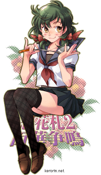 kerorin, haruka (shinobi hanafuda), shinobi hanafuda, shinobi hanafuda 2 hyakka soumei, 1girl, brown eyes, female focus, full body, green hair, ladle, legs, school uniform, serafuku, solo, thighhighs, zettai ryouiki