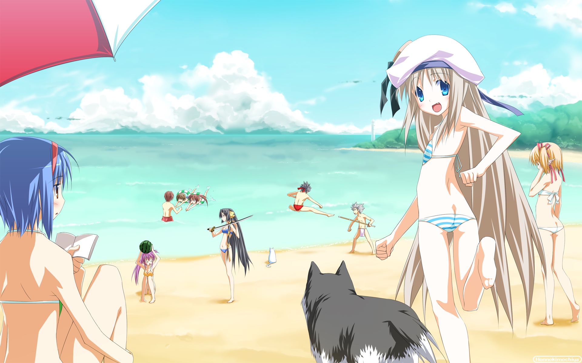 galore, inohara masato, kamikita komari, kurugaya yuiko, lennon, miyazawa kengo, naoe riki, natsume kyousuke, natsume rin, nishizono mio, noumi kudryavka, saigusa haruka, strelka, little busters!, silver hair, striped, highres, > <, 4boys, 6+girls, barefoot, battle, beach, bikini, black hair, blonde hair, blue eyes, blue hair, brown hair, cat, closed eyes, day, dog, everyone, fang, feet, food, fruit, holding, innertube, kicking, long hair, looking back, lowleg, lowleg bikini, multiple boys, multiple girls, ocean, one-piece swimsuit, outdoors, pink hair, shinai, short hair, sky, soles, swim ring, swimsuit, sword, very long hair, watermelon, weapon