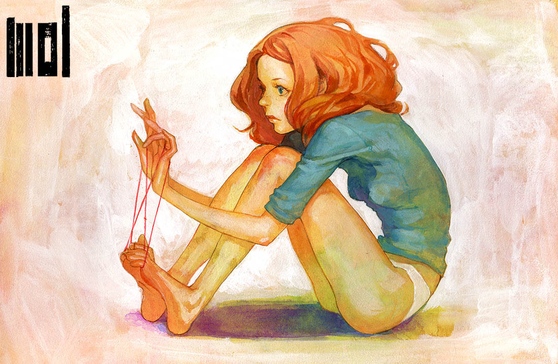 yuu (mol), original, barefoot, blue eyes, cat's cradle, feet, freckles, no pants, orange hair, panties, red hair, skinny, string, toes, underwear