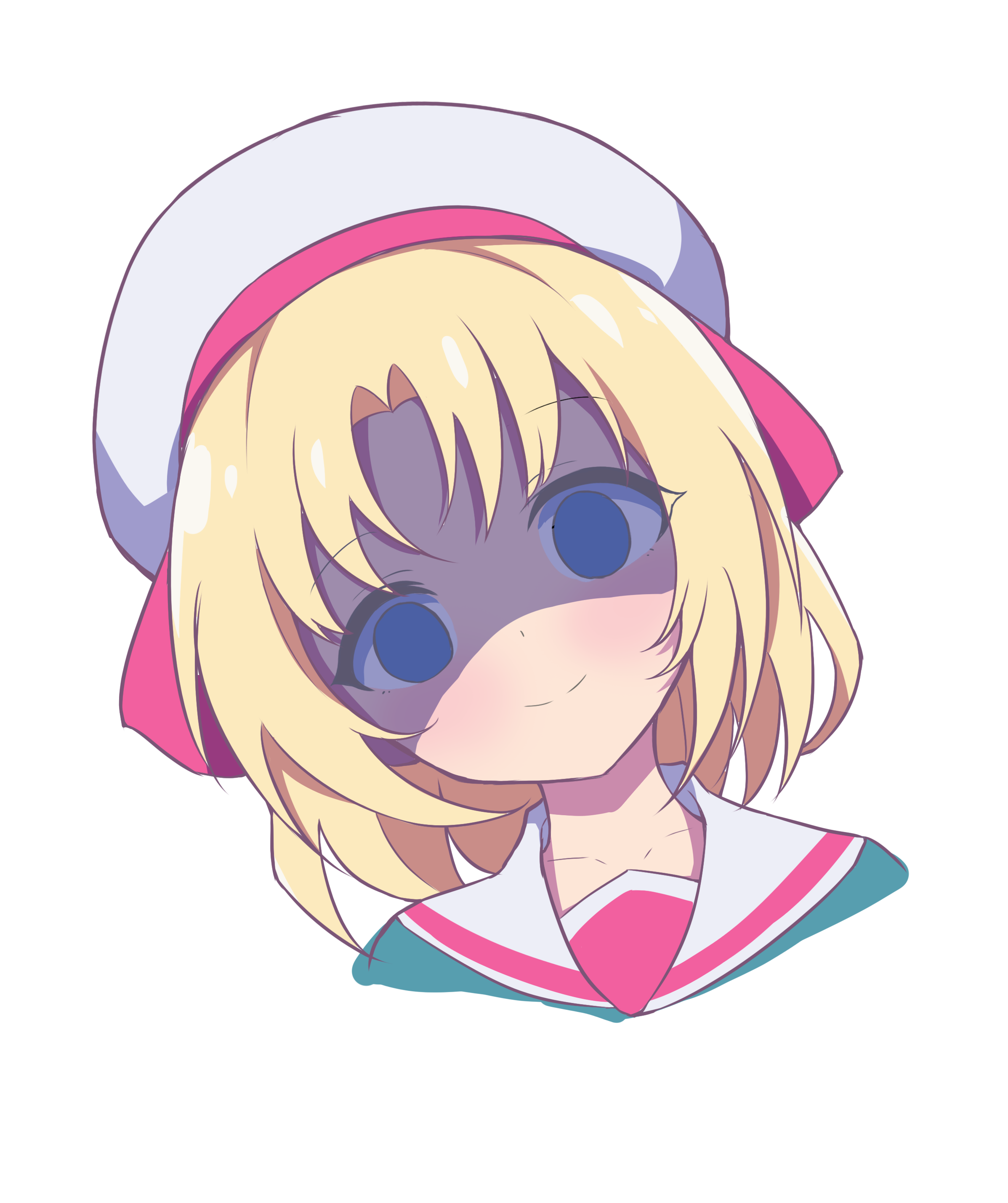 yami (yangjiechen5), lily baker, game center shoujo to ibunka kouryuu, absurdres, highres, 1girl, beret, blonde hair, blue eyes, closed mouth, crazy smile, dot nose, empty eyes, hat, head tilt, light blush, looking at viewer, parted bangs, portrait, sailor collar, shaded face, short hair, simple background, smile, solo, white background, white hat, white sailor collar, yandere