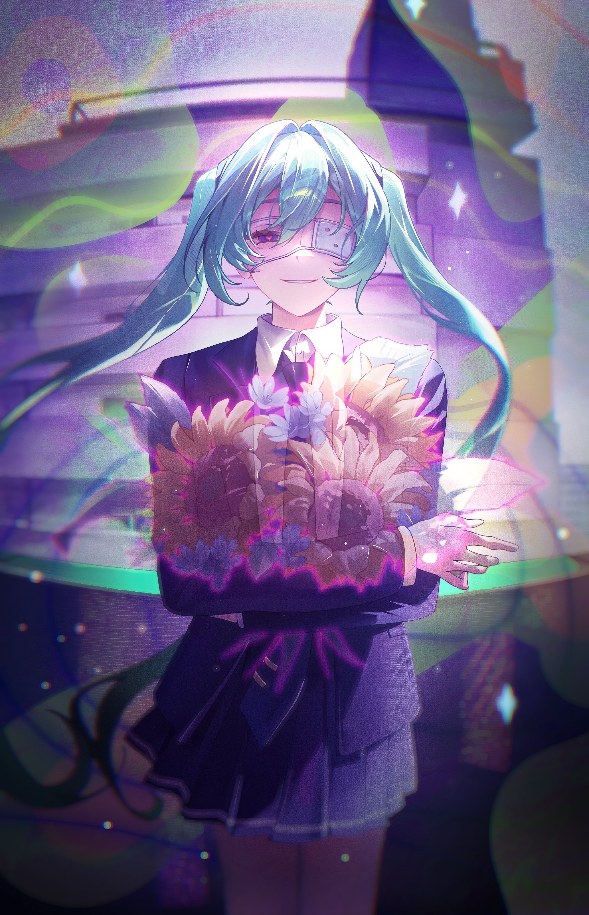 bab du 666, hatsune miku, monitoring (vocaloid), absurdres, highres, 1girl, blue eyes, blue hair, blue necktie, blue skirt, blue suit, bouquet, building, crazy smile, eyepatch, flower, formal clothes, heart, heart-shaped pupils, holding, holding bouquet, long hair, necktie, shirt, skirt, smile, solo, sparkle, standing, suit, sunflower, symbol-shaped pupils, teeth, twintails, white shirt