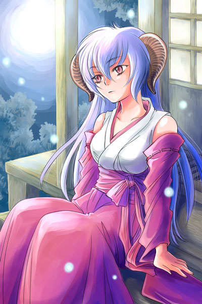 sabusuka, hanyuu, higurashi no naku koro ni, 00s, 1girl, blue hair, bug, detached sleeves, female focus, fireflies, firefly, hakama, hakama skirt, horns, insect, japanese clothes, long hair, miko, moon, night, night sky, outdoors, pink eyes, porch, red hakama, sitting, skirt, sky, solo, stairs, veranda
