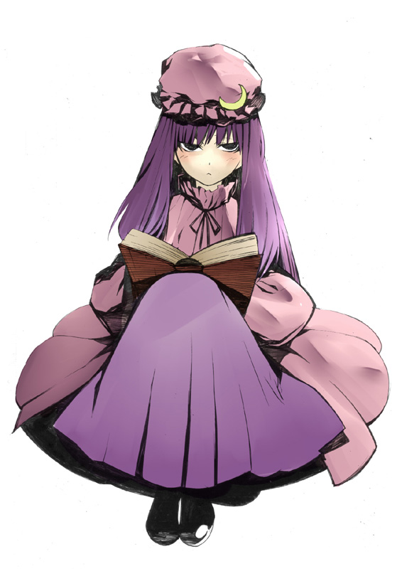 onigunsou, patchouli knowledge, touhou, 1girl, :<, blush, book, bored, crescent, crescent moon, dress, female focus, hair ornament, hat, long hair, moon, neck ribbon, purple hair, ribbon, sitting, solo