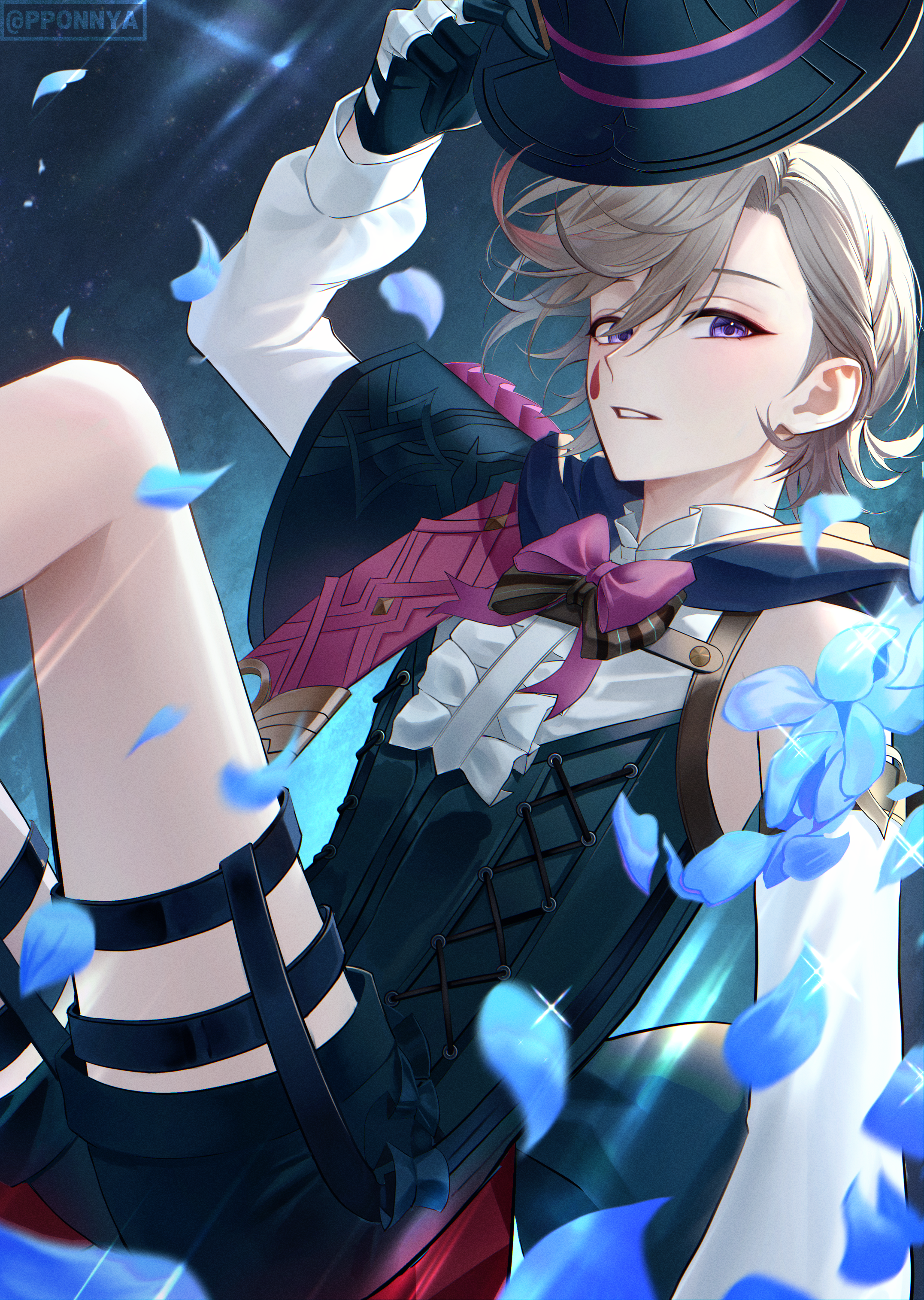 pponnya, lyney (genshin impact), genshin impact, absurdres, commentary, highres, 1boy, arm up, artist name, back bow, bare shoulders, black bow, black cape, black corset, black gloves, black hat, black shorts, blue background, blush, bow, bowtie, braid, brown bow, brown bowtie, cape, corset, detached sleeves, eyeshadow, feet out of frame, frills, garter belt, gloves, grey hair, hair between eyes, hat, hat ornament, holding, holding unworn clothes, holding unworn hat, long sleeves, looking at viewer, makeup, male focus, petals, purple bow, purple bowtie, purple eyes, red eyeshadow, shirt, short hair, shorts, solo, sparkle, striped bow, striped bowtie, striped clothes, teardrop facial mark, teeth, top hat, unworn hat, unworn headwear, white shirt