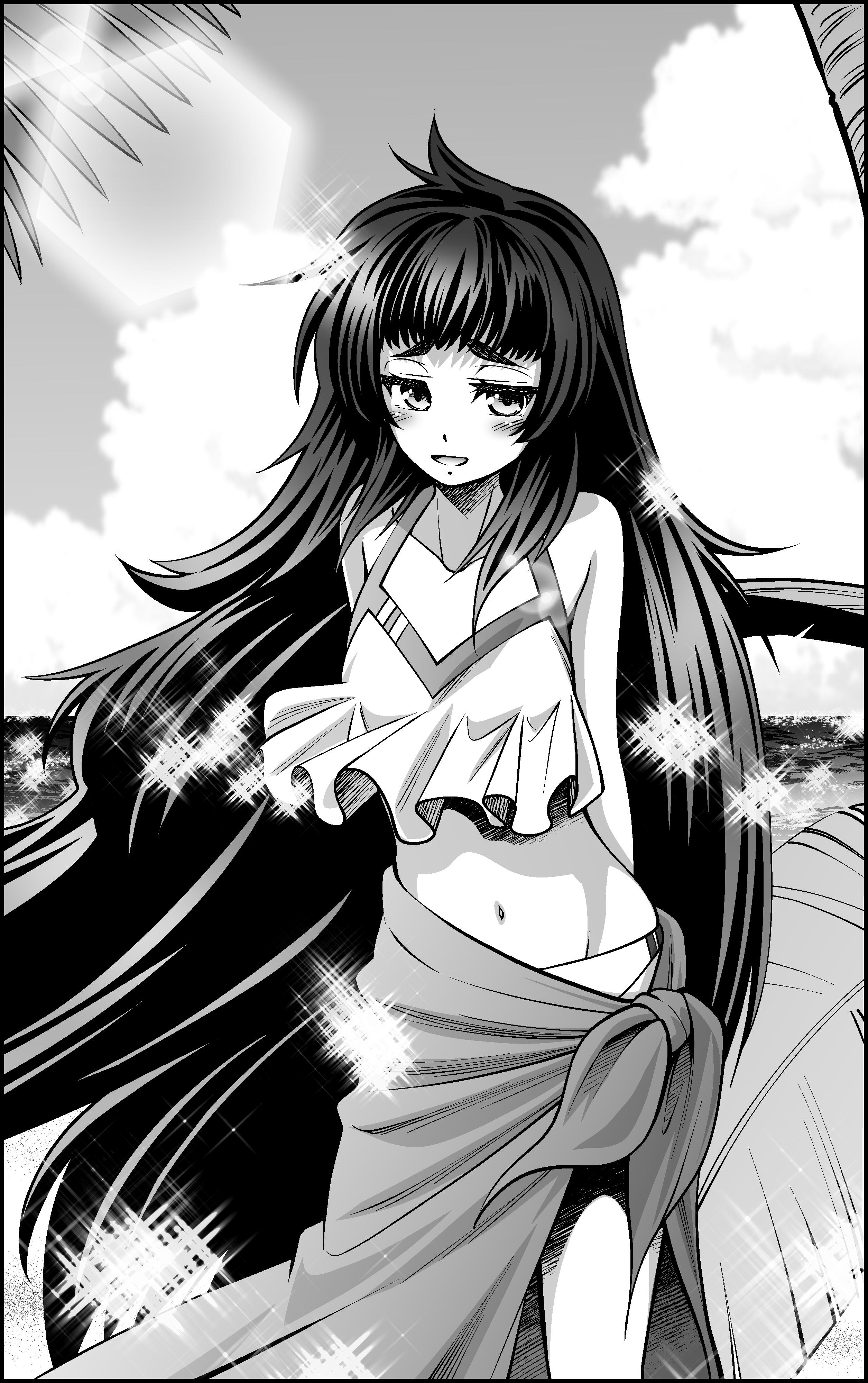 eibon, hiyajou maho, science adventure, steins;gate, steins;gate 0, absurdres, highres, 1girl, bare shoulders, beach, bikini, blunt bangs, blush, breasts, cloud, collarbone, day, frilled bikini, frills, greyscale, groin, island, long hair, looking at viewer, messy hair, midriff, monochrome, narrowed eyes, navel, nervous smile, ocean, outdoors, palm leaf, palm tree, sarong, shy, side tie, sky, small breasts, smile, solo, standing, stomach, sunlight, swimsuit, thighs, tongue, tree, very long hair