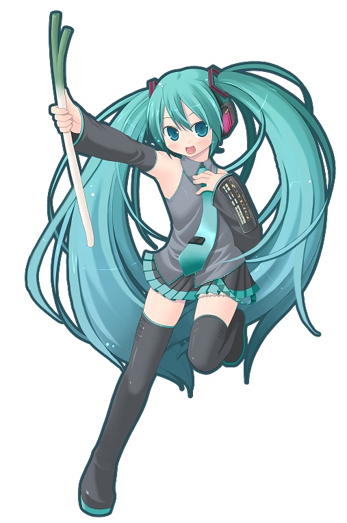 amamiya minato, hatsune miku, vocaloid, 1girl, aqua hair, black thighhighs, collared shirt, female focus, hair between eyes, long hair, shirt, simple background, solo, spring onion, thighhighs, twintails, very long hair, white background