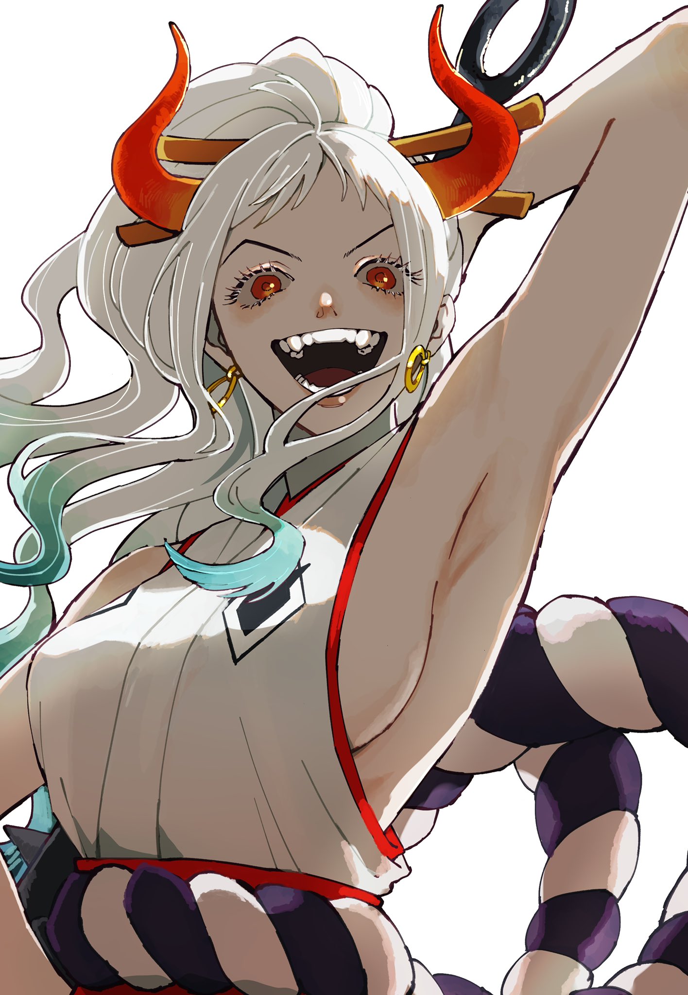 oh imo, yamato (one piece), one piece, highres, 1girl, breasts, earrings, hair ornament, hakama, holding, holding weapon, horns, japanese clothes, jewelry, kimono, open mouth, orange eyes, ponytail, red hakama, rope, shimenawa, sideboob, sidelocks, simple background, sleeveless, sleeveless kimono, smile, solo, v-shaped eyebrows, weapon, white background, white hair, white kimono