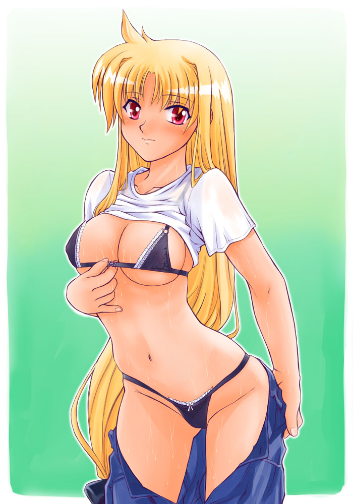 akusyu 0.5 second, fate testarossa, lyrical nanoha, mahou shoujo lyrical nanoha, mahou shoujo lyrical nanoha strikers, 00s, 1girl, blonde hair, blush, bow, bra, breasts, clothes lift, female focus, hair bow, lingerie, long hair, low-tied long hair, panties, red eyes, shirt lift, solo, underwear, undressing, very long hair, wet
