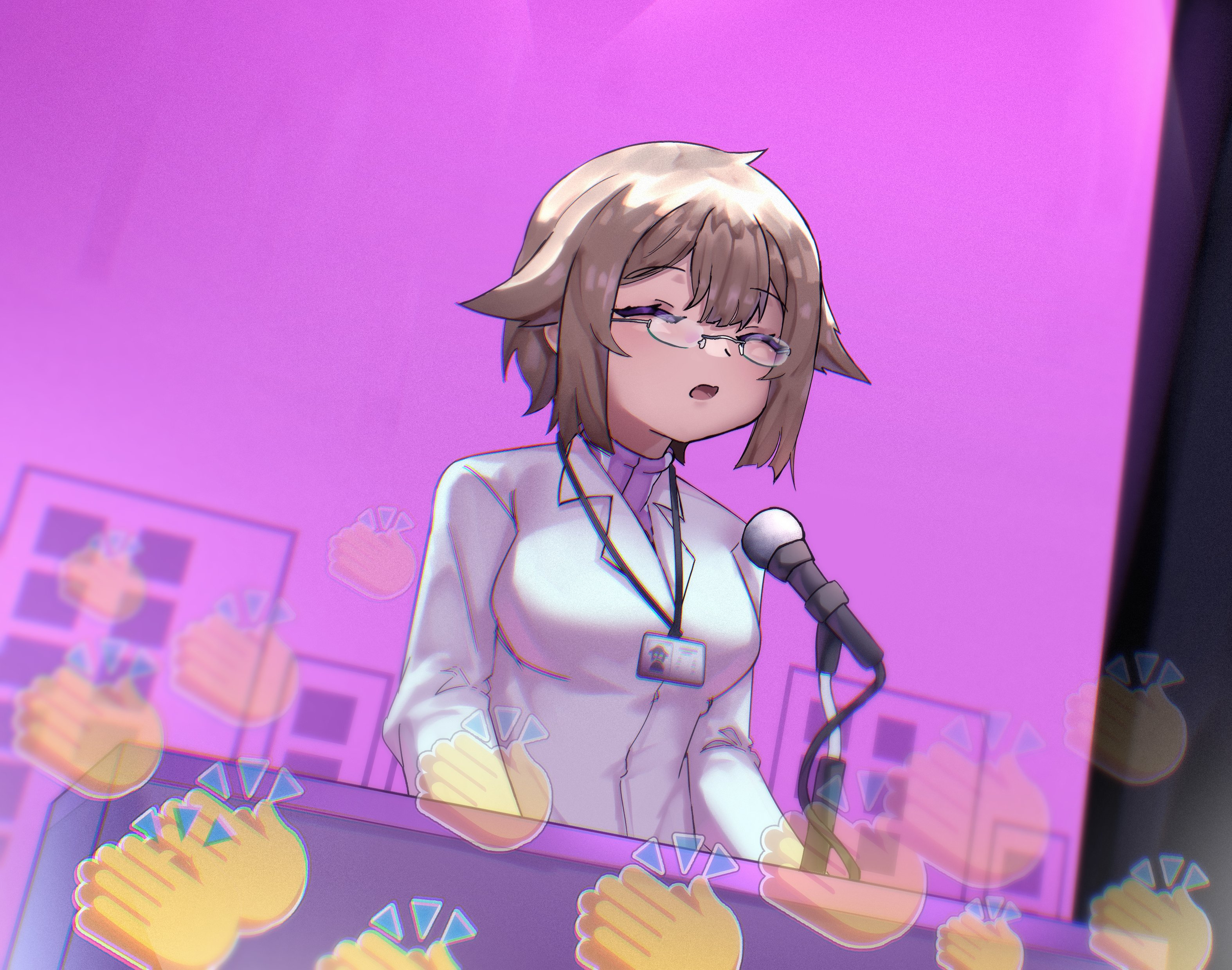 jahe png, urotsuki, yume 2kki, absurdres, highres, 1girl, alternate costume, bespectacled, clapping hands emoji, closed eyes, coat, emoji, glasses, hair flaps, id card, lab coat, long sleeves, microphone stand, open mouth, purple background, purple sweater, short hair, sidelocks, solo, sweater, talking, upper body, white coat
