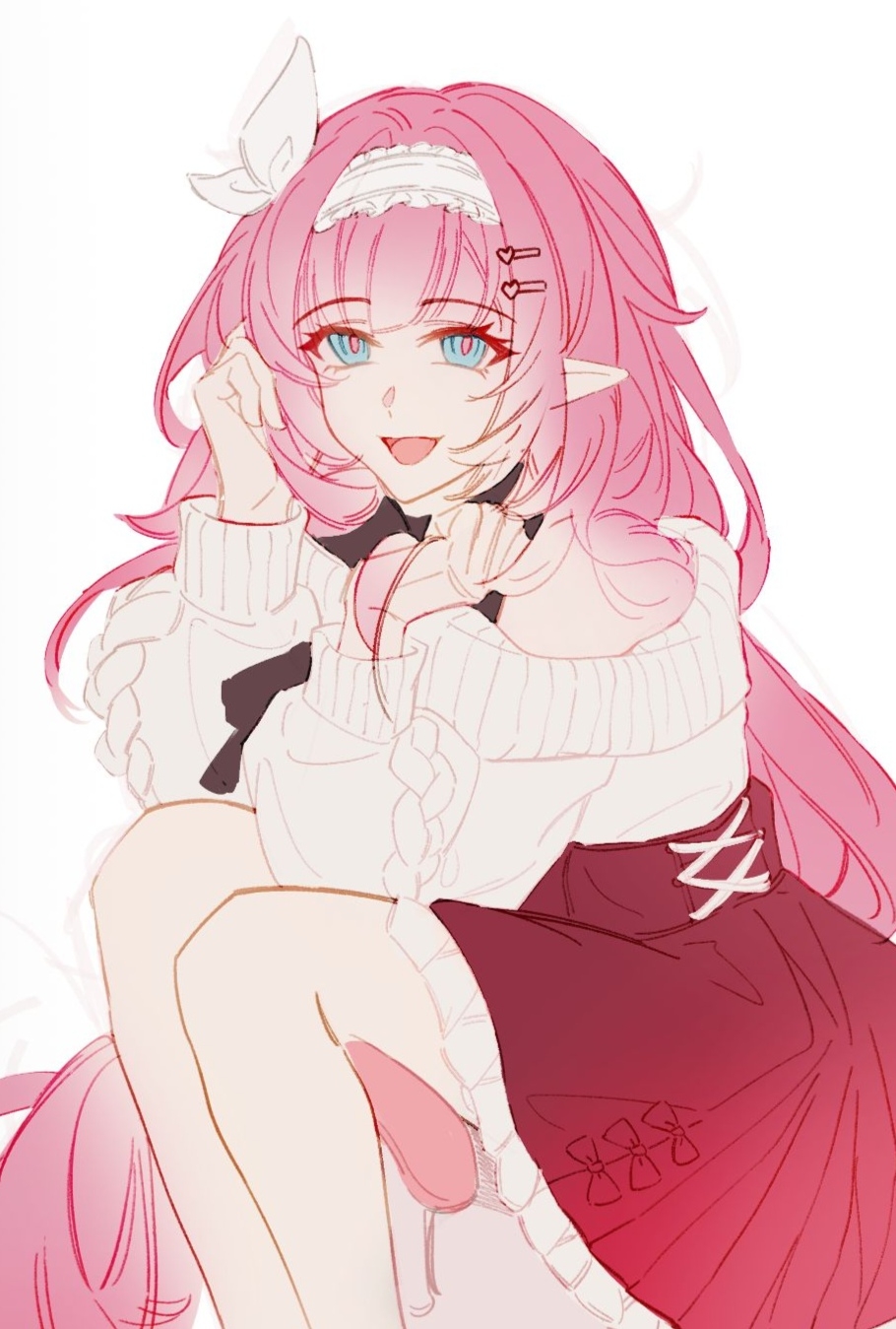 hyurns, elysia (honkai impact), honkai (series), honkai impact 3rd, chinese commentary, commentary request, highres, 1girl, alternate costume, blue eyes, elf, hairband, long hair, open mouth, pink hair, pointy ears, red skirt, simple background, sitting, skirt, smile, solo, sweater, very long hair, white background, white hairband, white sweater