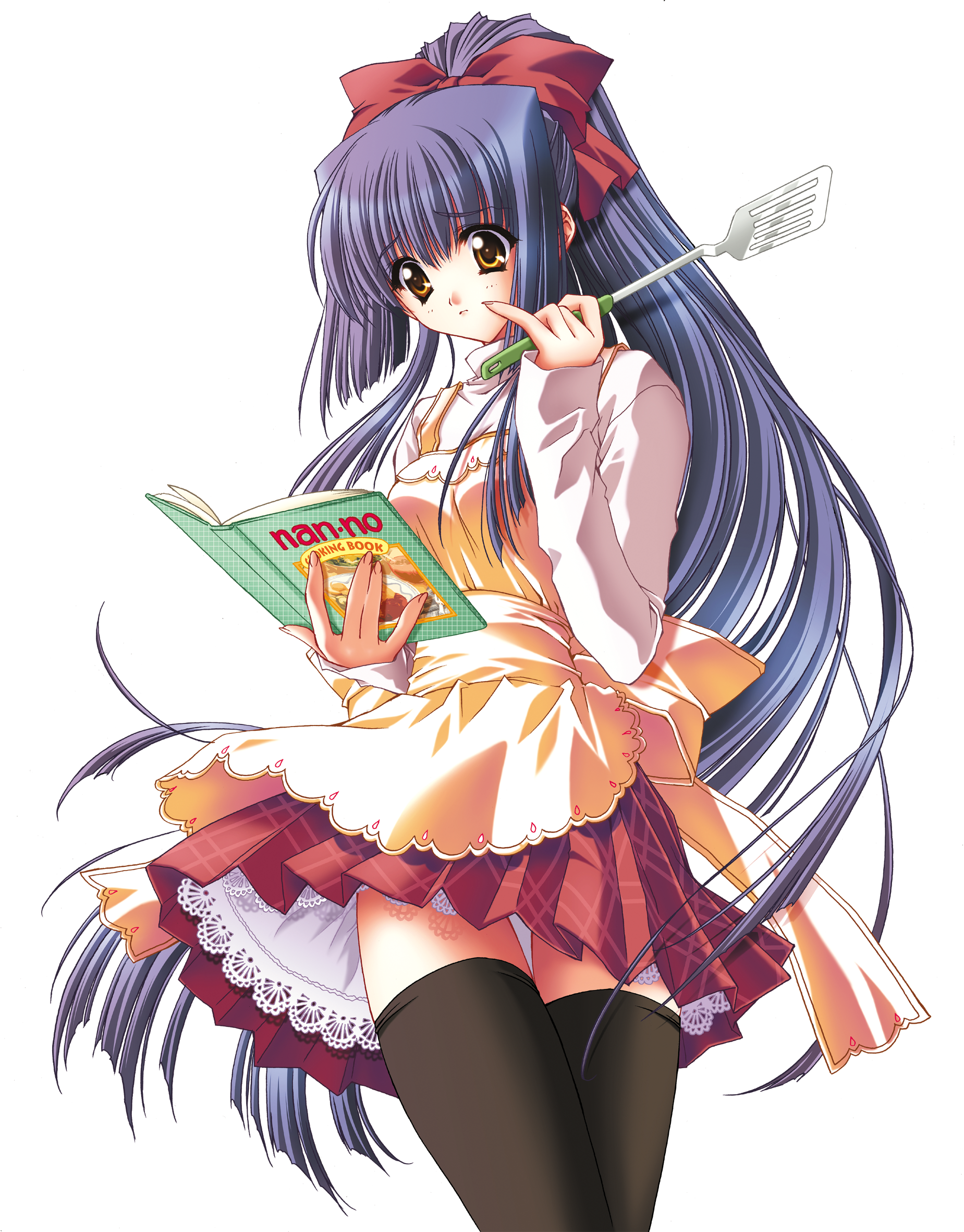 carnelian, kuraki suzuna, suzuna, kao no nai tsuki, highres, 00s, apron, black thighhighs, blue hair, book, cookbook, english text, hair intakes, high ponytail, long hair, plaid clothes, plaid skirt, ponytail, purple hair, ribbon, skirt, solo, sweater, thighhighs, white background, white sweater