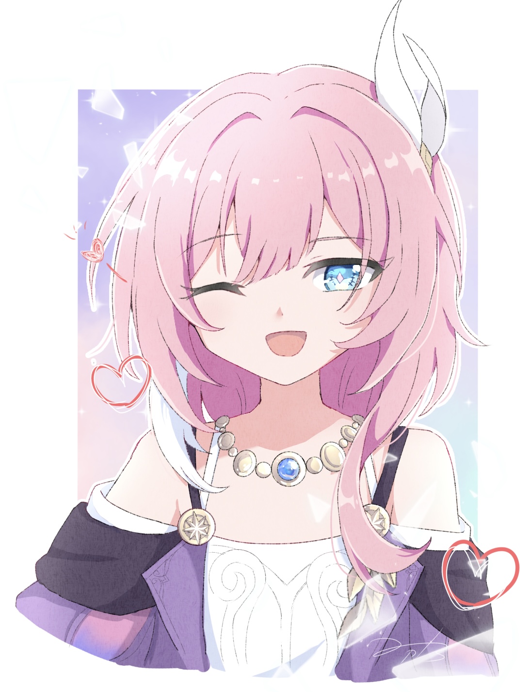 miroka, cyrene (honkai: star rail), honkai: star rail, honkai (series), commentary request, highres, 1girl, ;o, bare shoulders, blue eyes, border, breasts, coat, cyrene (aedes elysiae) (honkai: star rail), dress, hair ornament, heart, jewelry, multicolored hair, necklace, one eye closed, pink hair, purple background, purple coat, short hair, small breasts, smile, solo, two-tone hair, white border, white dress, white hair