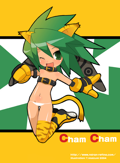 imaizumi teruhiko, cham cham, samurai spirits, snk, striped, 1girl, animal ears, animal print, asymmetrical clothes, belt, belt bra, boomerang, cat ears, cat tail, collar, female focus, gloves, green eyes, green hair, loli, lowleg, lowleg panties, one eye closed, panties, single thighhigh, skindentation, solo, tail, thighhighs, tiger print, underwear, white panties, wink