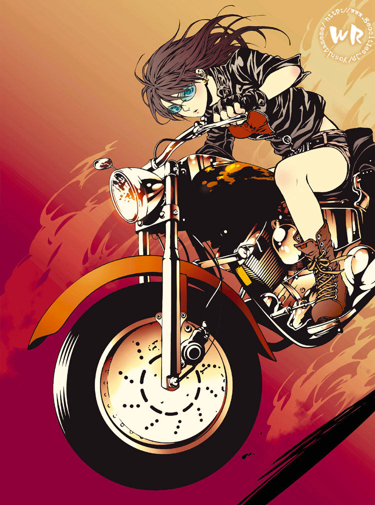 yuki hayabusa, original, vehicle, belt, blue-tinted eyewear, blue eyes, boots, brown hair, fingerless gloves, gloves, jacket, long hair, motor vehicle, motorcycle, shorts, solo, sunglasses, tinted eyewear, watermark