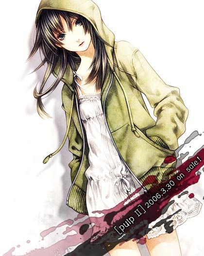 yuki hayabusa, original, 1girl, black eyes, black hair, dutch angle, english text, female focus, hood, hoodie, long hair, solo