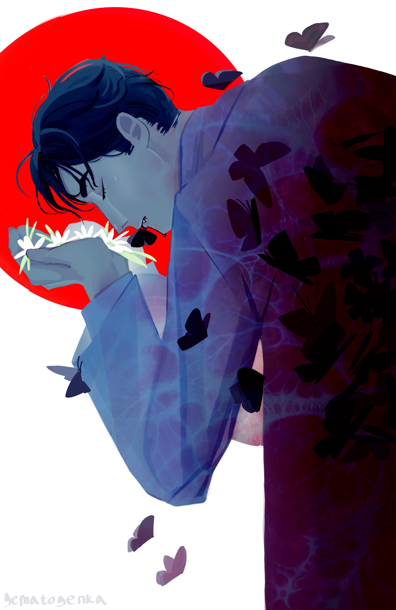 ivan (alien stage), alien stage, commentary, hashtag-only commentary, highres, 1boy, black hair, bug, butterfly, closed eyes, closed mouth, coat, edelweiss (flower), fang, fang out, flower, gematogenka, holding, holding flower, insect, male focus, short hair, solo, very short hair, white coat, white flower