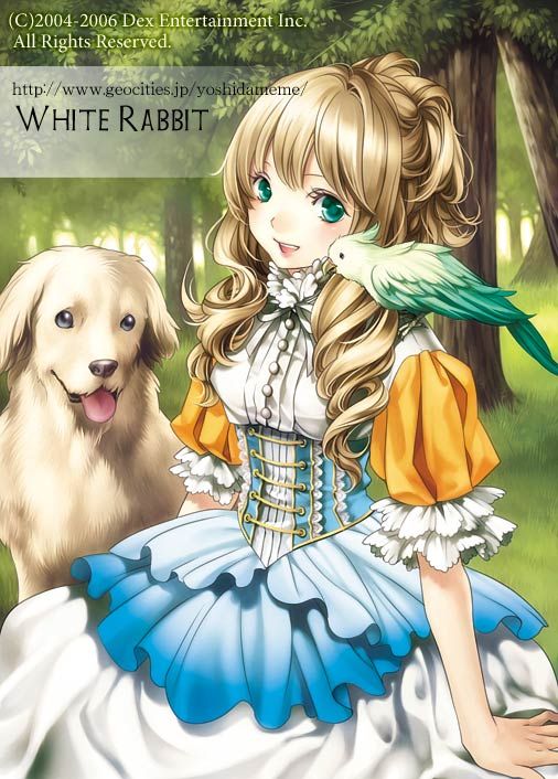 yuki hayabusa, alteil, original, 1girl, animal, animal on shoulder, bird, bird on shoulder, dog, dress, english text, female focus, green eyes, long hair, solo