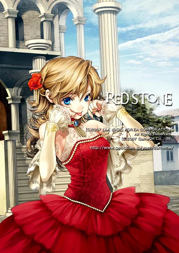 yuki hayabusa, princess (red stone), original, red stone, official art, 1girl, :p, armpits, bare shoulders, beads, blonde hair, blue eyes, blush, brown hair, choker, cloud, copyright name, day, detached sleeves, dress, elbow gloves, female focus, flat chest, flower, formal clothes, gem, gloves, hair between eyes, hair flower, hair ornament, halterneck, hands on own face, house, jewelry, lace, long hair, looking at viewer, nail polish, outdoors, pillar, red nails, sky, solo, stairs, standing, tongue, tongue out, tree, watermark, wavy hair, wide sleeves