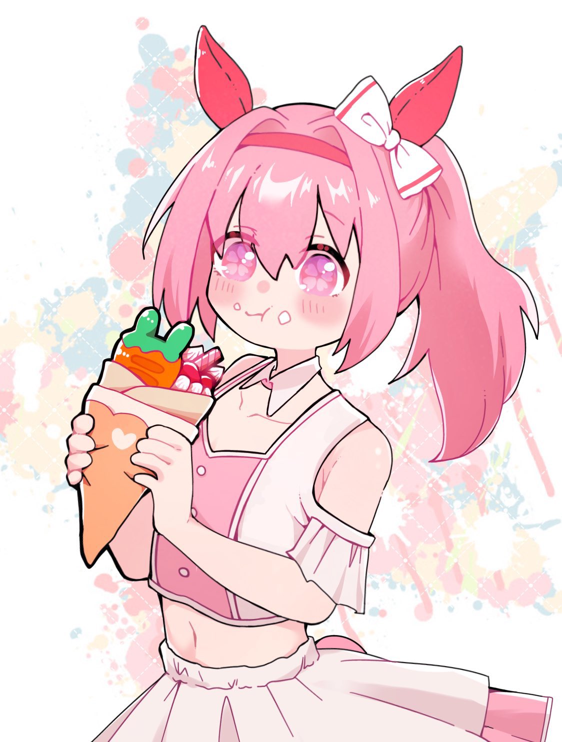 segawa rui, haru urara (umamusume), umamusume, food request, highres, 1girl, :t, animal ears, blush, bow, closed mouth, collar, detached collar, eating, flower-shaped pupils, food, food on face, hair between eyes, hair bow, hair intakes, hairband, holding, holding food, horse ears, medium hair, midriff, navel, pink eyes, pink hair, pink hairband, ponytail, sidelocks, skirt, solo, symbol-shaped pupils, white bow, white collar, white skirt
