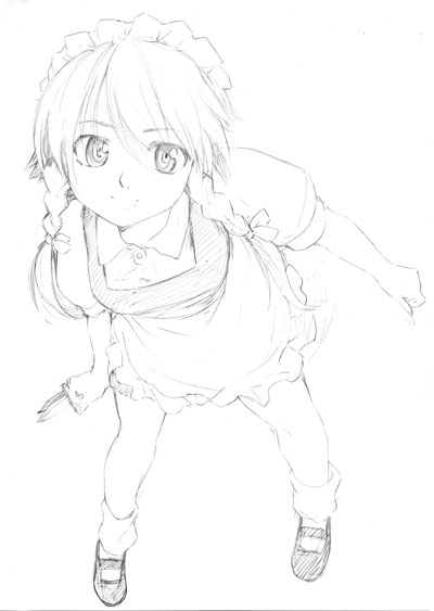 fujiwara shun'ichi, izayoi sakuya, touhou, 1girl, braid, female focus, full body, greyscale, knife, leaning forward, maid, monochrome, simple background, sketch, solo, throwing knife, twin braids, weapon