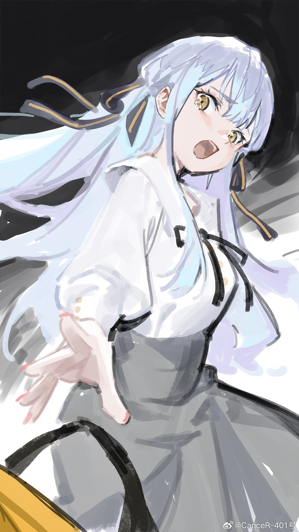 cancer (zjcconan), togawa sakiko, bang dream!, bang dream! it's mygo!!!!!, highres, 1girl, black bow, black skirt, blue hair, bow, long hair, open mouth, shirt, skirt, solo, tears, white shirt, yellow eyes