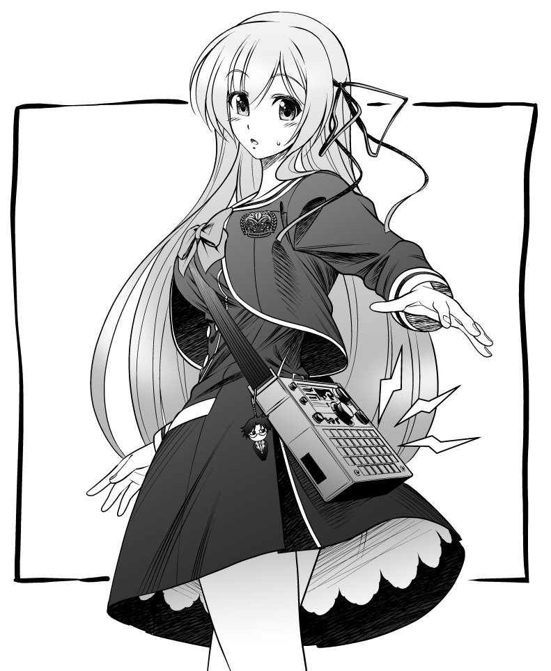 eibon, kurusu nono, miyashiro takuru, chaos;child, occultic;nine, science adventure, 1girl, :o, bare legs, blush, breasts, buttons, character pendant, chest bow, chibi, chibi inset, cropped jacket, crossover, dress, dress vest, greyscale, hair ribbon, hekiho academy school uniform, long hair, long sleeves, looking at viewer, looking back, medium breasts, miniskirt, monochrome, nervous sweating, open mouth, petticoat, radio, ribbon, school emblem, school uniform, skirt, solo, standing, sweat, thighs, tongue, upskirt, white trim