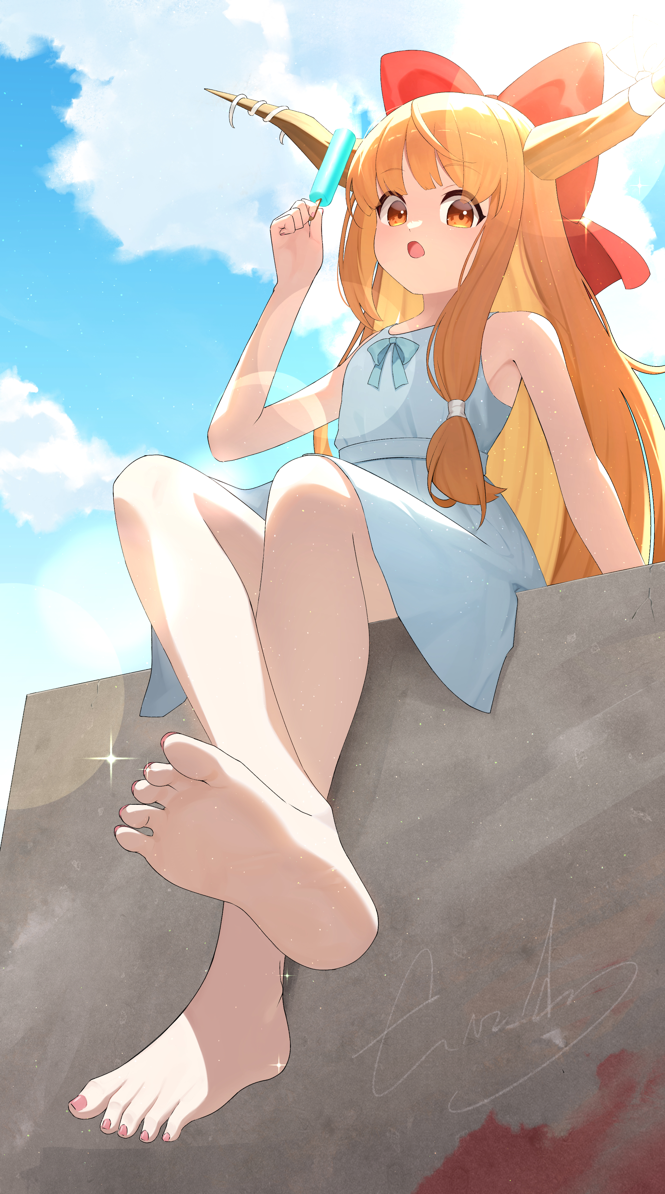 oeyama, ibuki suika, touhou, absurdres, commentary request, highres, 1girl, alternate costume, arm support, armpit peek, bare arms, bare legs, bare shoulders, barefoot, blue sky, blunt bangs, bow, brown eyes, cloud, crossed ankles, day, dot nose, dress, feet, flat chest, food, foot focus, from below, hair bow, hand up, holding, holding food, holding popsicle, horns, light blush, long hair, looking at viewer, nail polish, open mouth, orange eyes, orange hair, popsicle, red bow, sitting, sky, soles, solo, sparkle, toenail polish, toenails, toes, very long hair, white dress